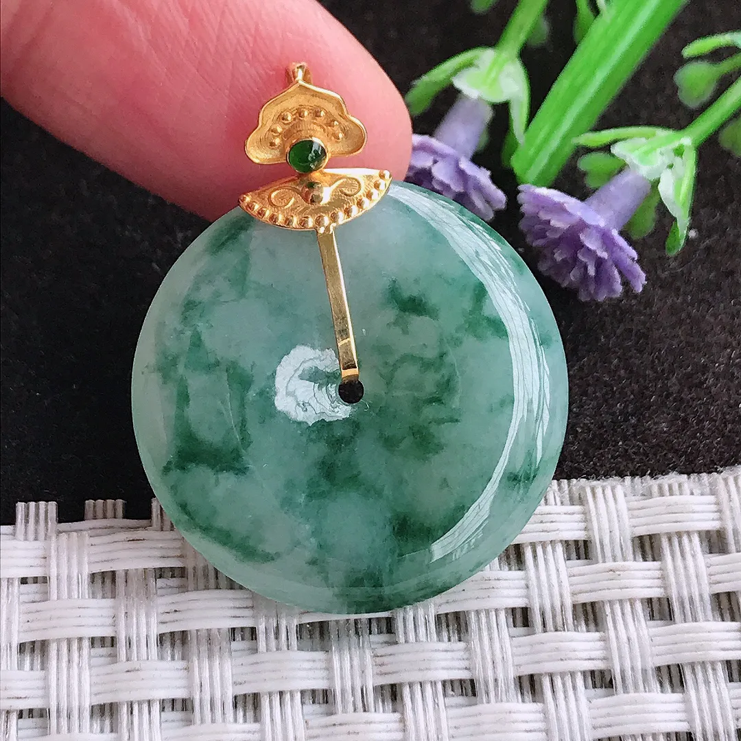 天然A货翡翠26/4.8老坑18k金镶嵌冰润飘花平安扣吊坠翡翠挂件