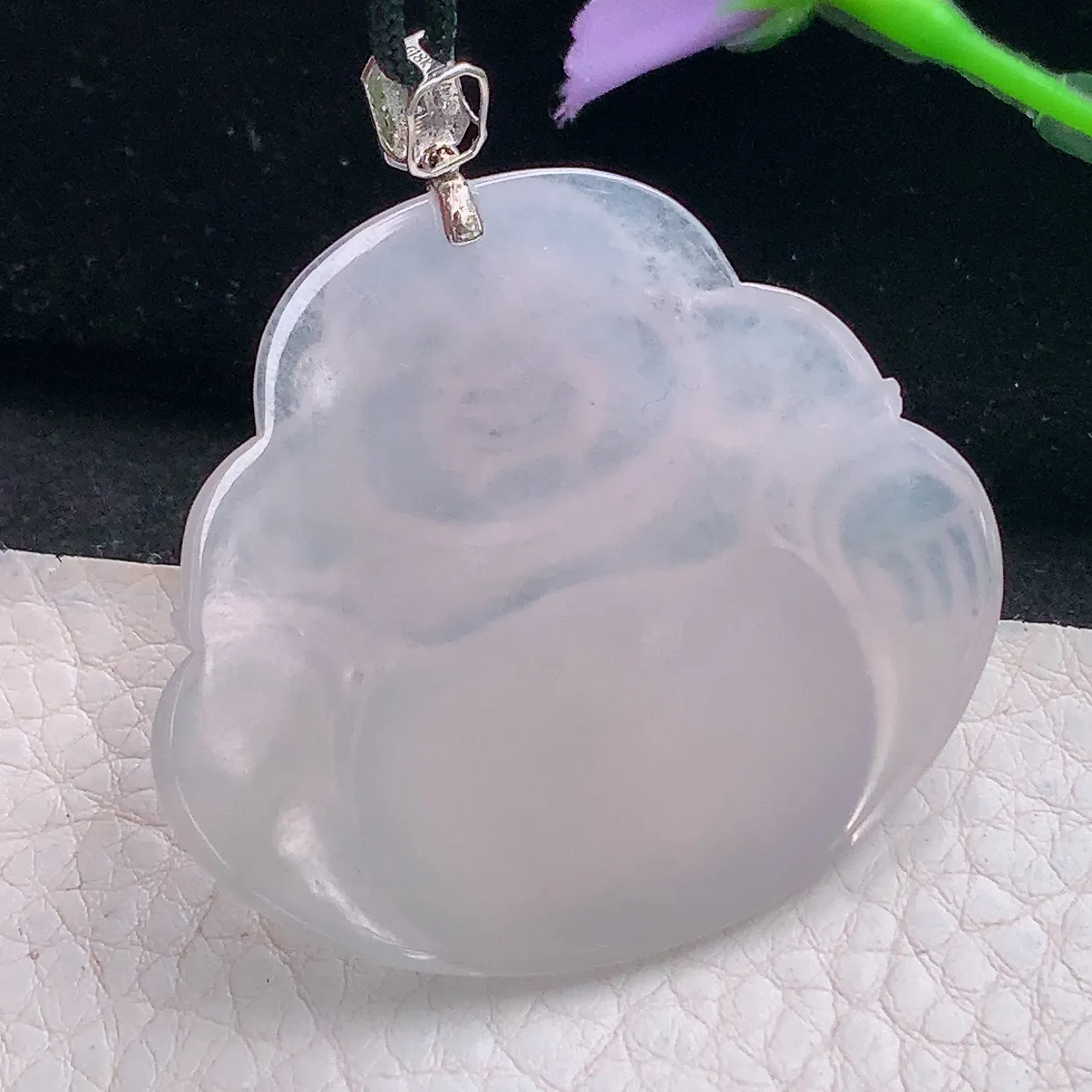 Mz实拍41.5*47.3*6.5缅甸翡翠冰种大佛公吊坠 白月光弥勒佛玉坠镶18k金扣头