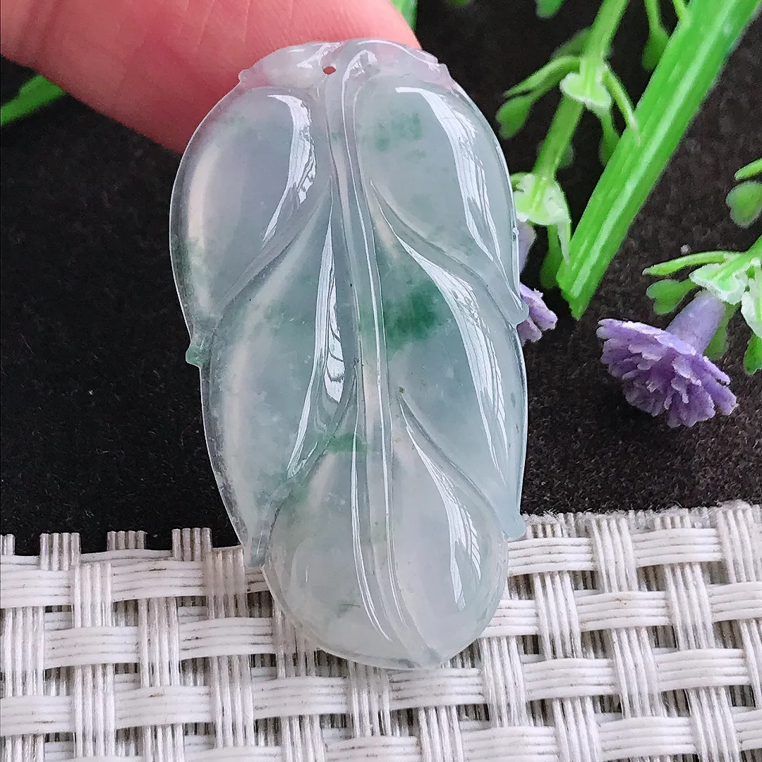 天然A货翡翠39.2/21.5/4.6老坑冰透冰飘花叶子吊坠翡翠挂件