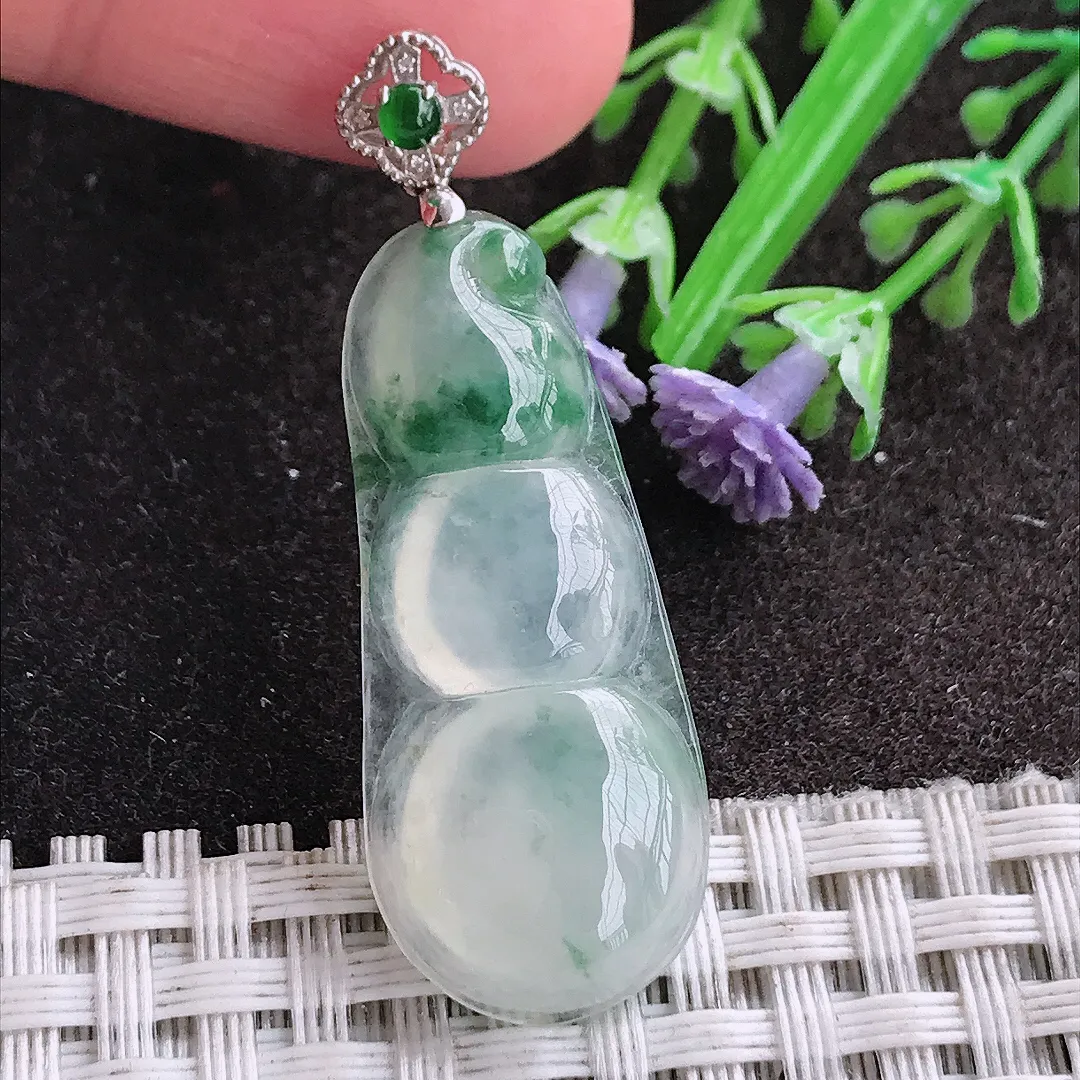 天然A货翡翠35.6/15/4.9老坑18k金镶嵌冰种飘花四季豆吊坠翡翠福豆挂件