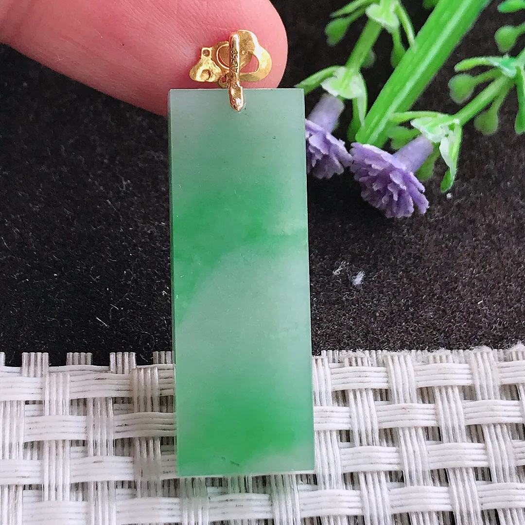 天然A货翡翠34.5/12.4/5老坑18k金镶嵌冰润满绿无事牌吊坠翡翠挂件
