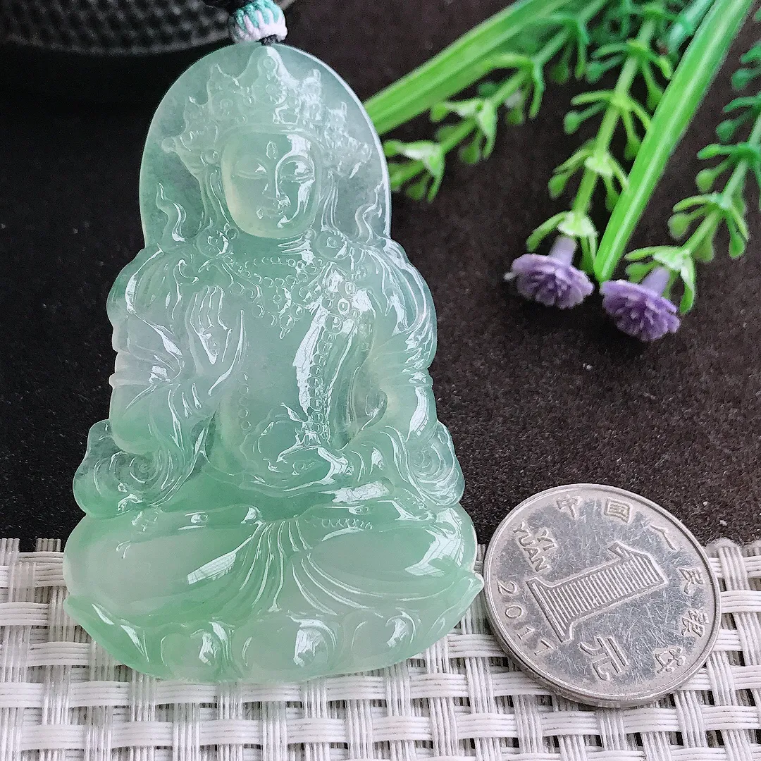 天然A货翡翠64/41.2/5.8老坑冰种果冻胶冰晴甜绿渡母菩萨精美吊坠翡翠挂件