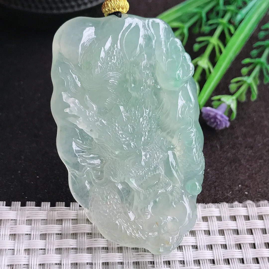 天然A货翡翠65.5/39.6/10.2老坑冰胶果冻冰晴霸气龙牌吊坠翡翠挂件