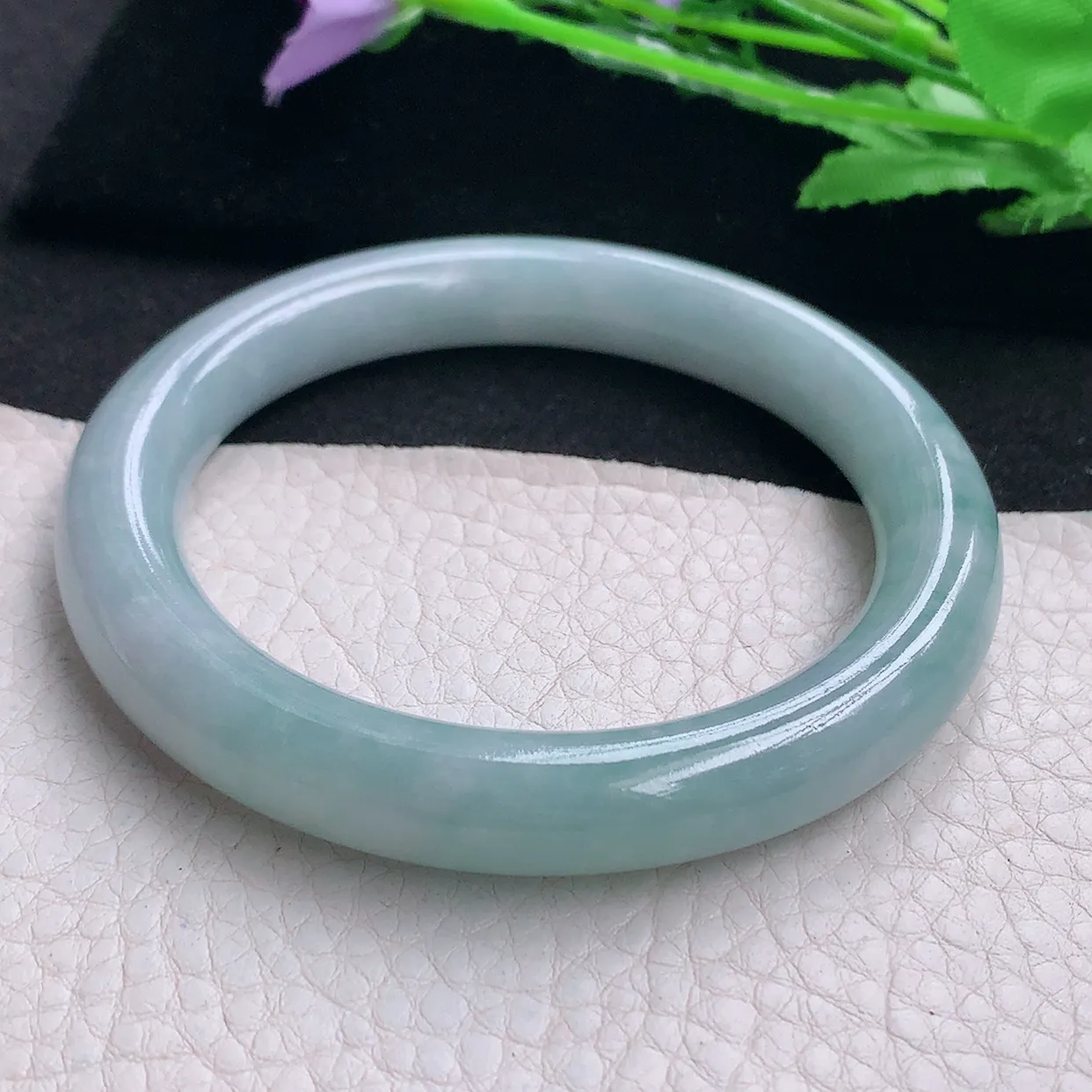 js自然光58.5*10.5*10.2美人镯 缅甸翡翠A货玉手镯蓝绿韵圆条玉手环 叮当镯