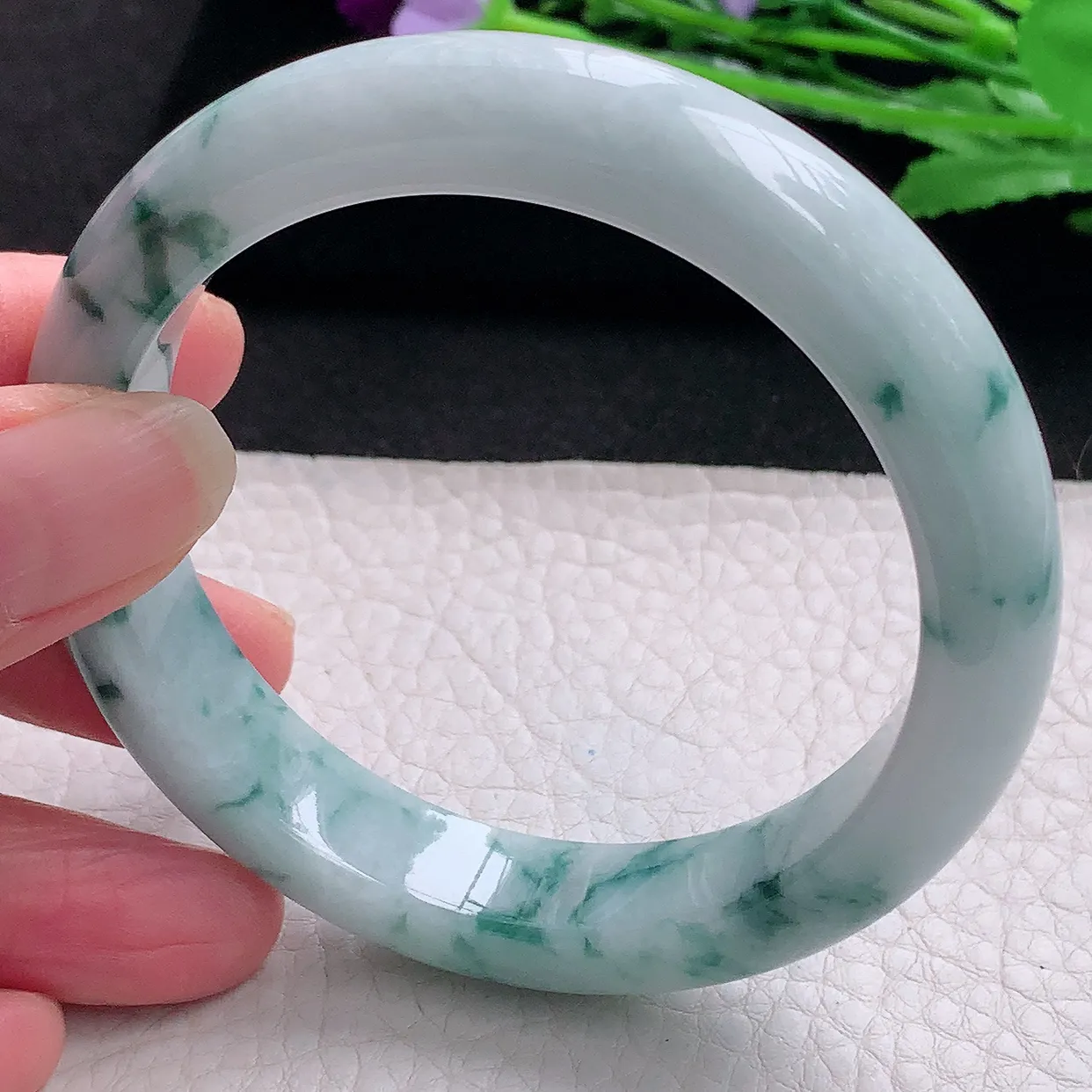 hy自然光57.5*12.3*9平安镯 缅甸翡翠A货玉手镯飘花厚装宽边玉手环