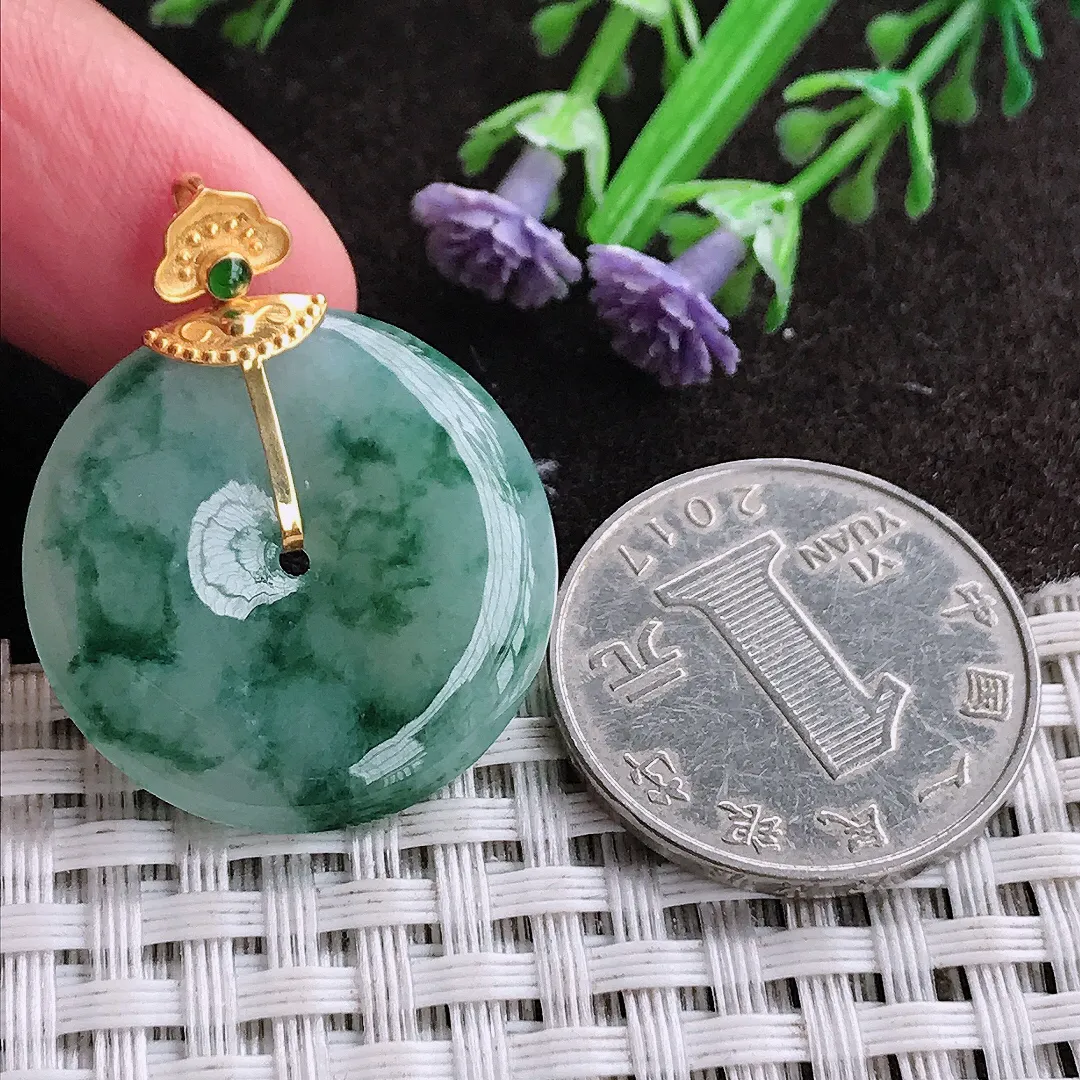 天然A货翡翠26/4.8老坑18k金镶嵌冰润飘花平安扣吊坠翡翠挂件