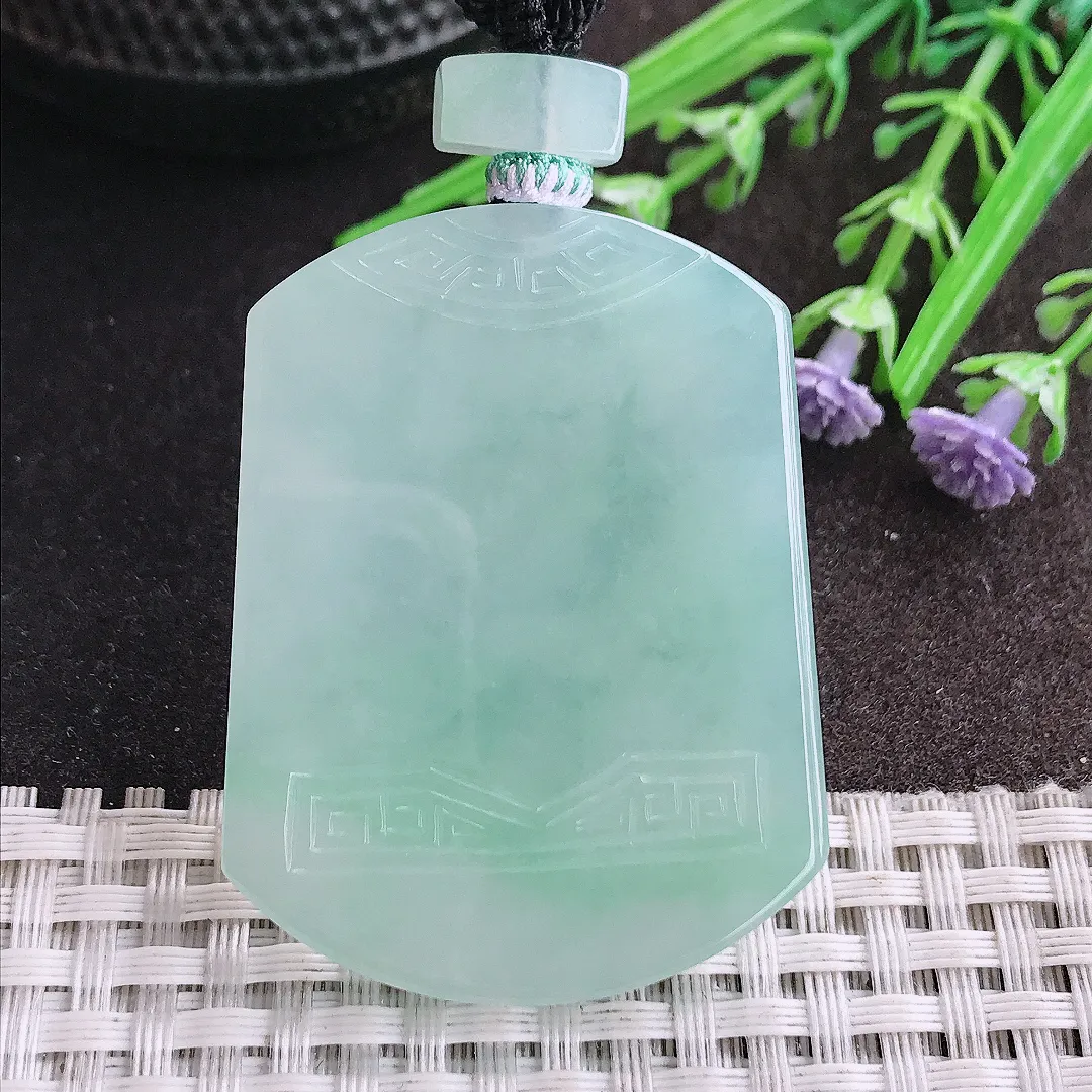 天然A货翡翠48.3/36.7/5.4老坑冰润水灵冰晴仿古无事牌吊坠翡翠挂件