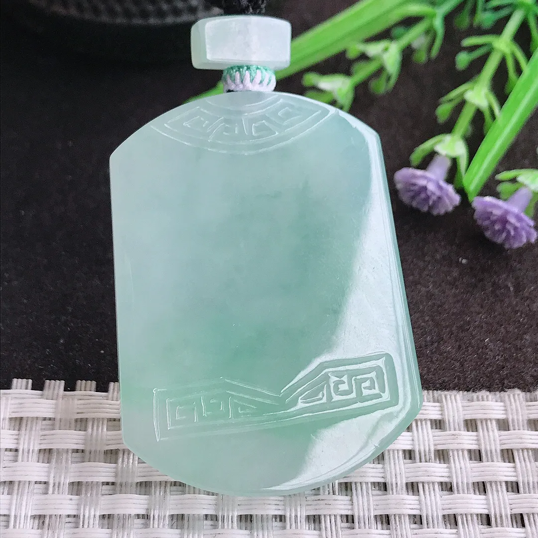 天然A货翡翠48.3/36.7/5.4老坑冰润水灵冰晴仿古无事牌吊坠翡翠挂件