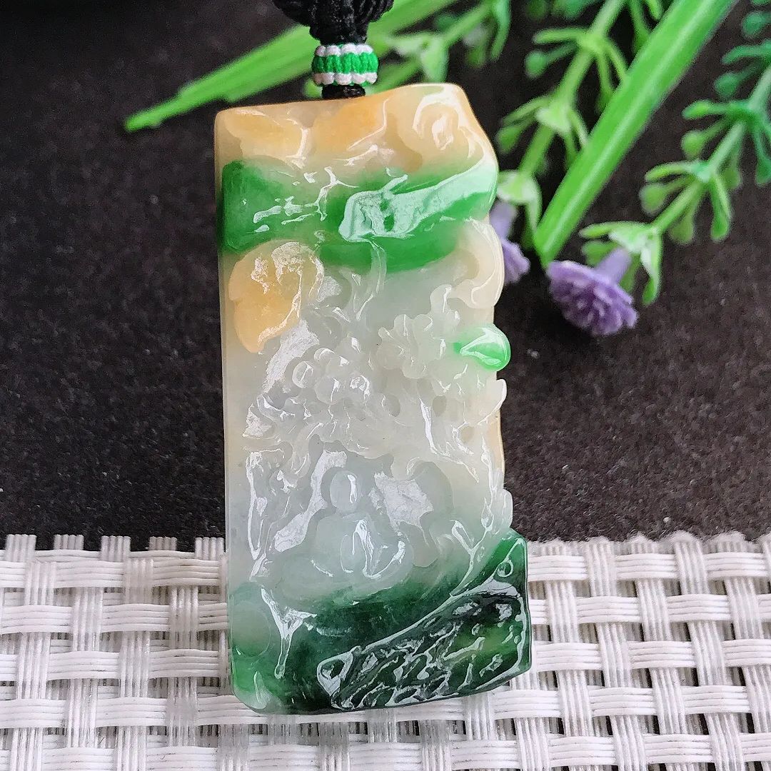 天然A货翡翠49.5/24.5/7.2老坑精美温润三彩山水牌吊坠翡翠挂件