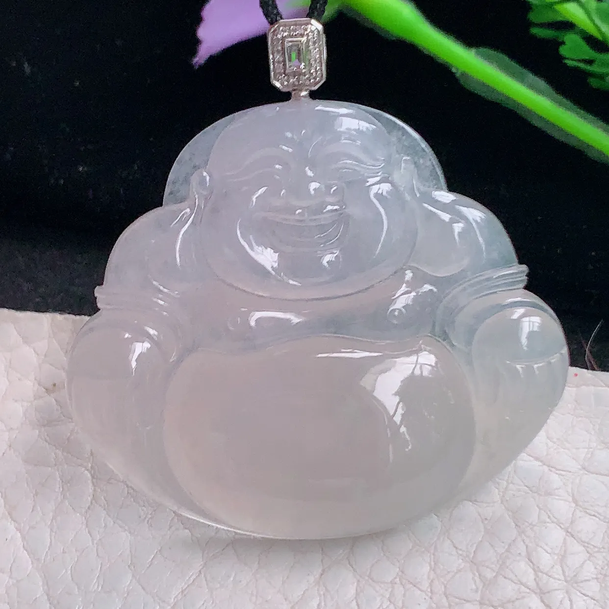 Mz实拍41.5*47.3*6.5缅甸翡翠冰种大佛公吊坠 白月光弥勒佛玉坠镶18k金扣头