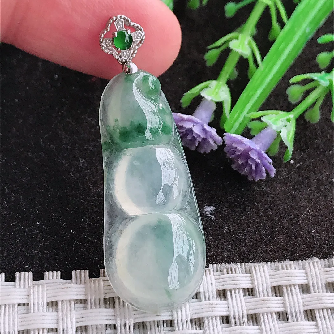 天然A货翡翠35.6/15/4.9老坑18k金镶嵌冰种飘花四季豆吊坠翡翠福豆挂件
