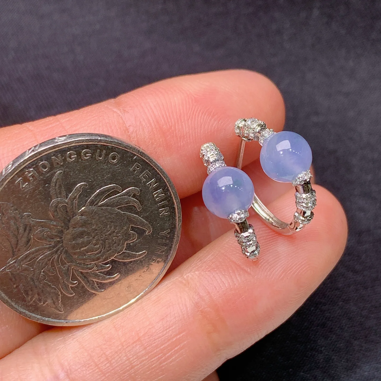 冰紫罗兰圆珠耳扣，18k金镶嵌，简约时尚，冰润鲜艳，种水足，M002 直径5.5