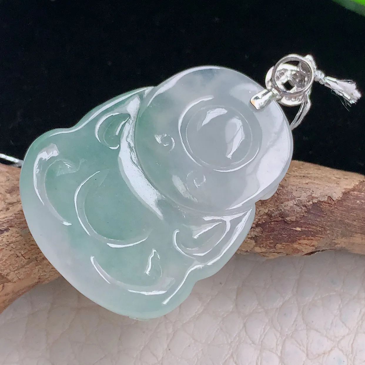 Xqa实拍31*24*5.3天然缅甸翡翠飘花财神爷吊坠 招财进宝玉坠镶18k金扣