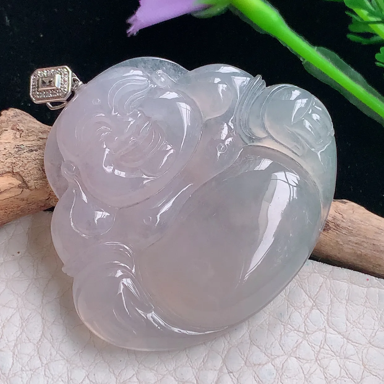 Mz实拍41.5*47.3*6.5缅甸翡翠冰种大佛公吊坠 白月光弥勒佛玉坠镶18k金扣头