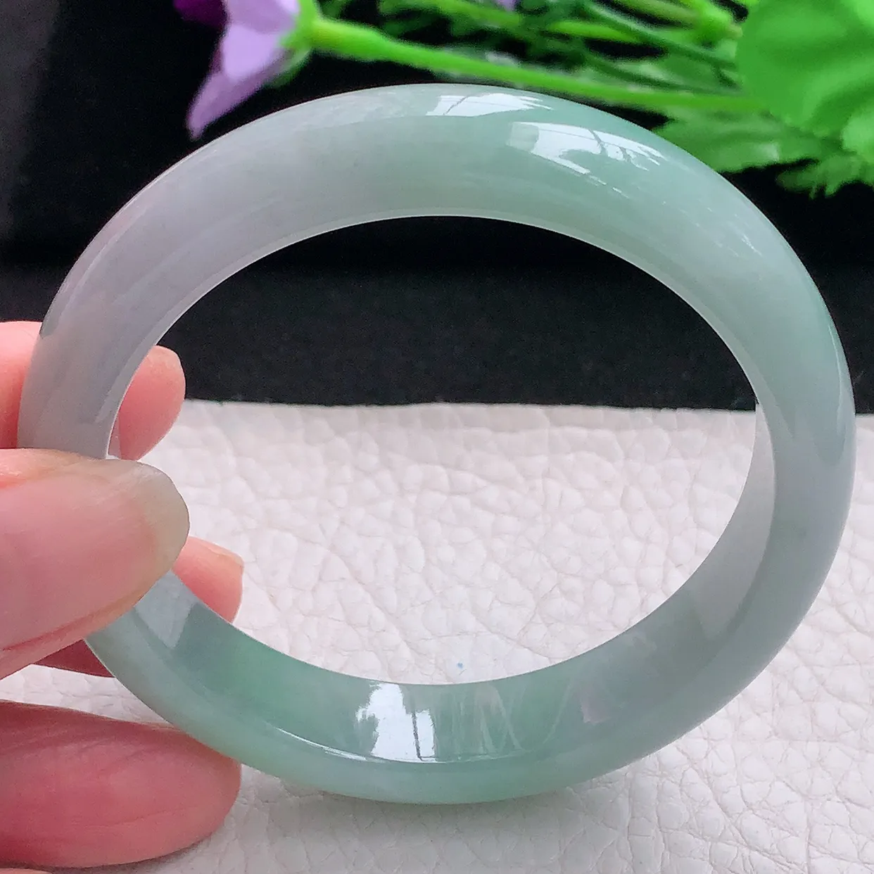 pj自然光55.8*12.3*8平安镯 缅甸翡翠A货玉手镯水灵飘绿宽边玉手环