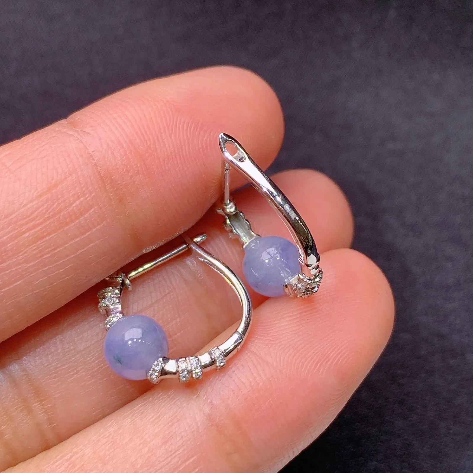 冰紫罗兰圆珠耳扣，18k金镶嵌，简约时尚，冰润鲜艳，种水足，M002 直径5.5