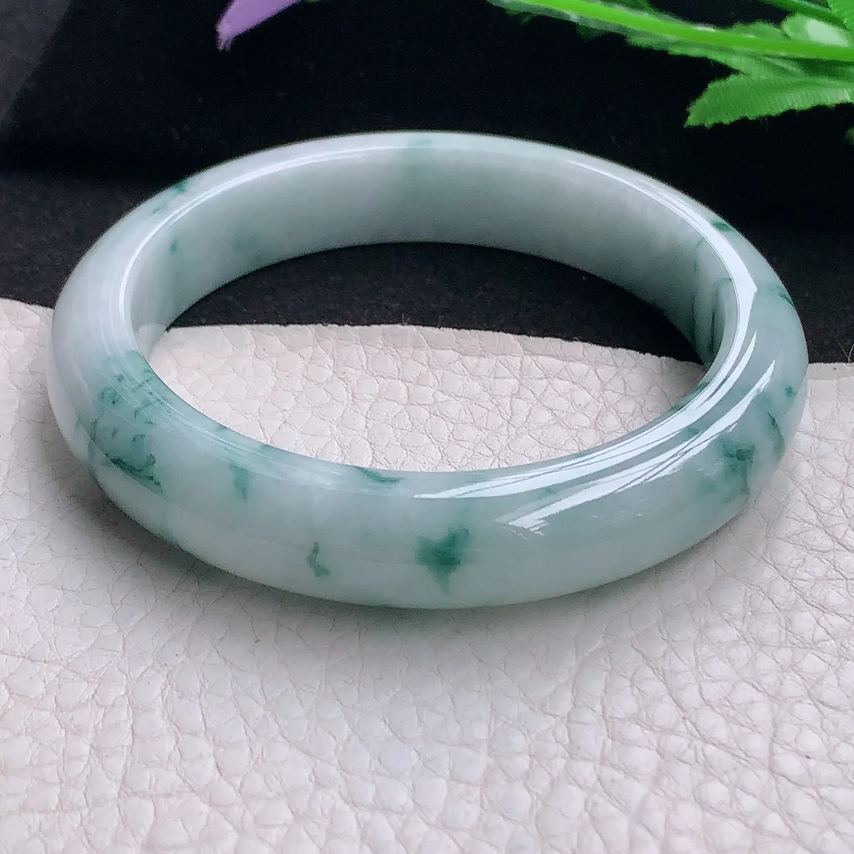 hy自然光57.5*12.3*9平安镯 缅甸翡翠A货玉手镯飘花厚装宽边玉手环