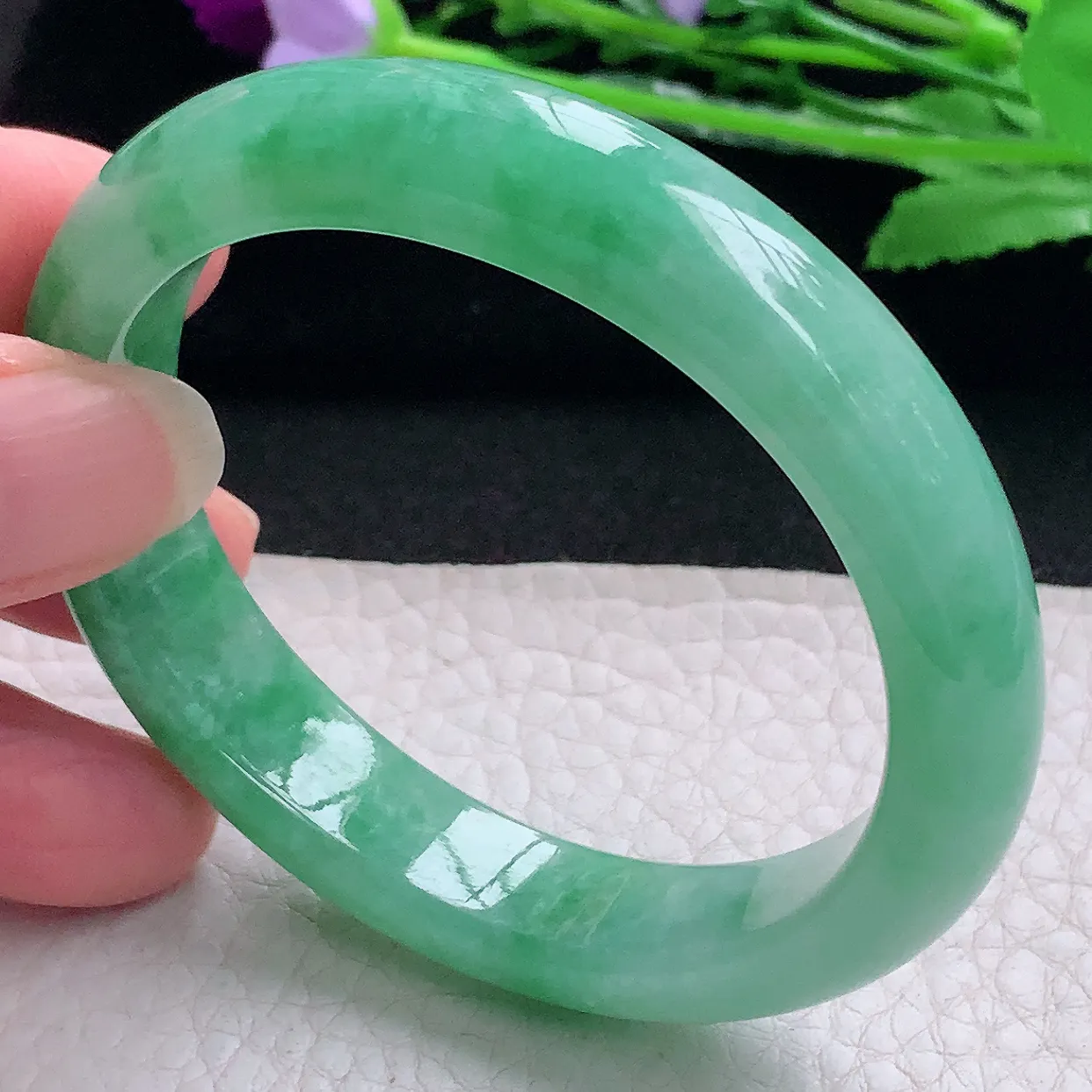 pj自然光53.8*11.8*7.7平安镯 缅甸翡翠A货玉手镯水灵满绿宽边玉手环