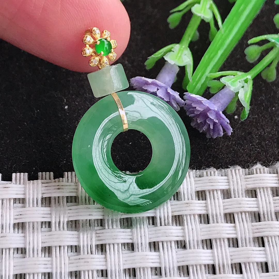 天然A货翡翠19.4/3.9老坑18k金镶嵌冰阳绿平安扣玉环吊坠翡翠挂件