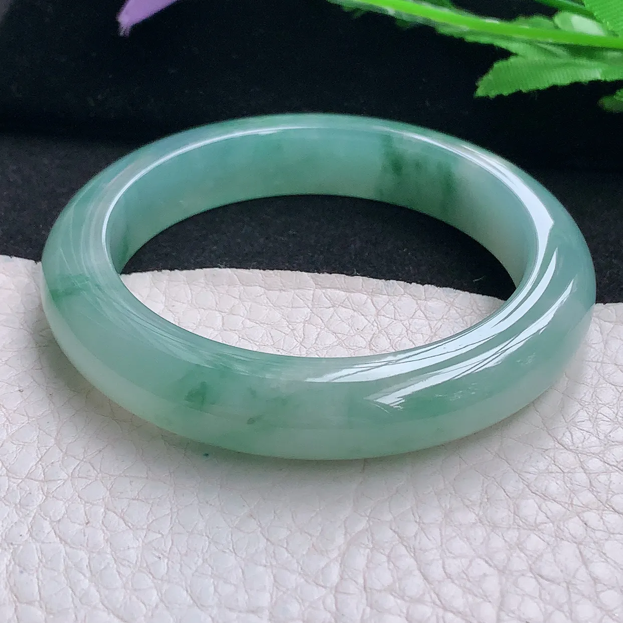 js小圈口53*11.6*9.5平安镯 缅甸翡翠A货玉手镯冰飘花厚装宽边玉手环