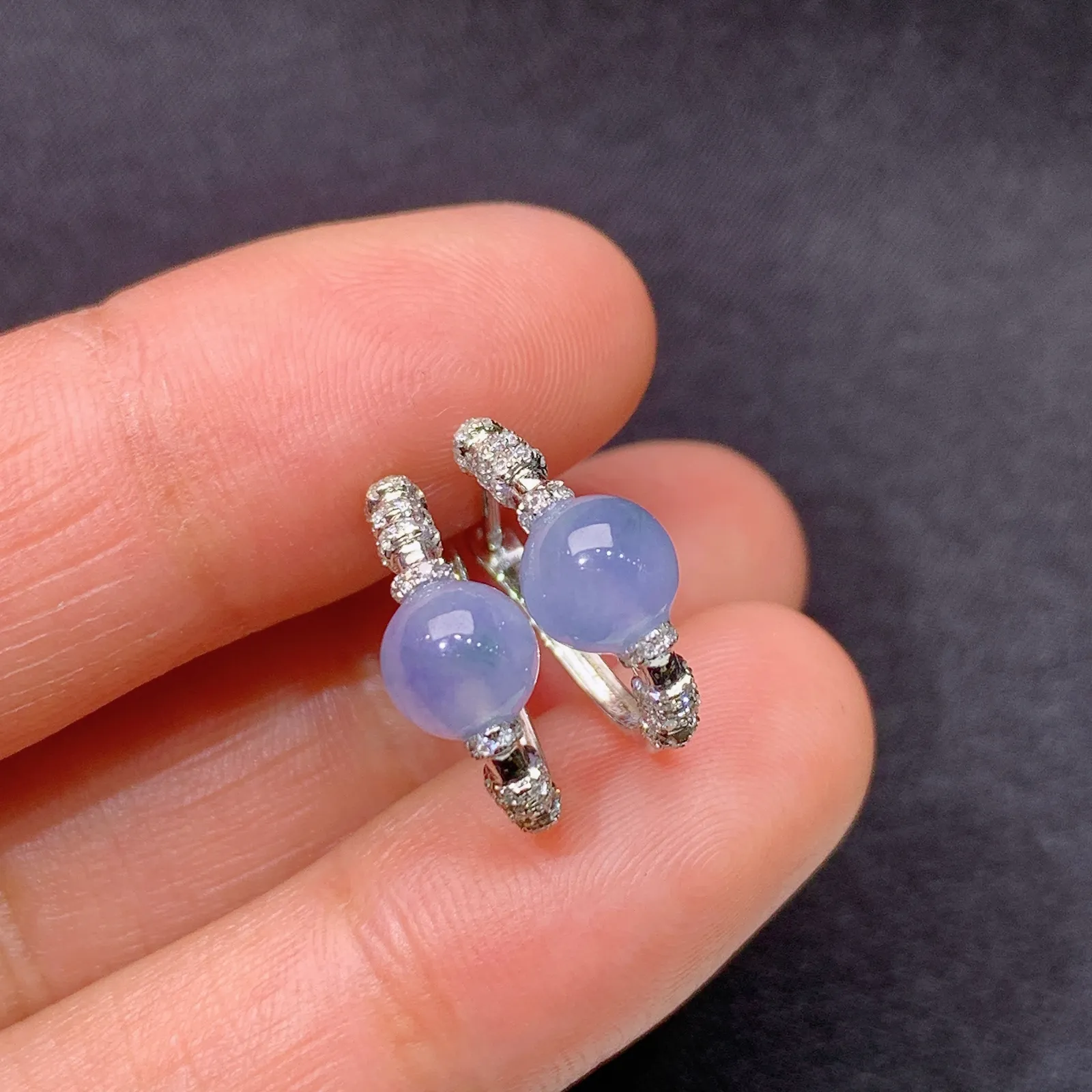 冰紫罗兰圆珠耳扣，18k金镶嵌，简约时尚，冰润鲜艳，种水足，M002 直径5.5