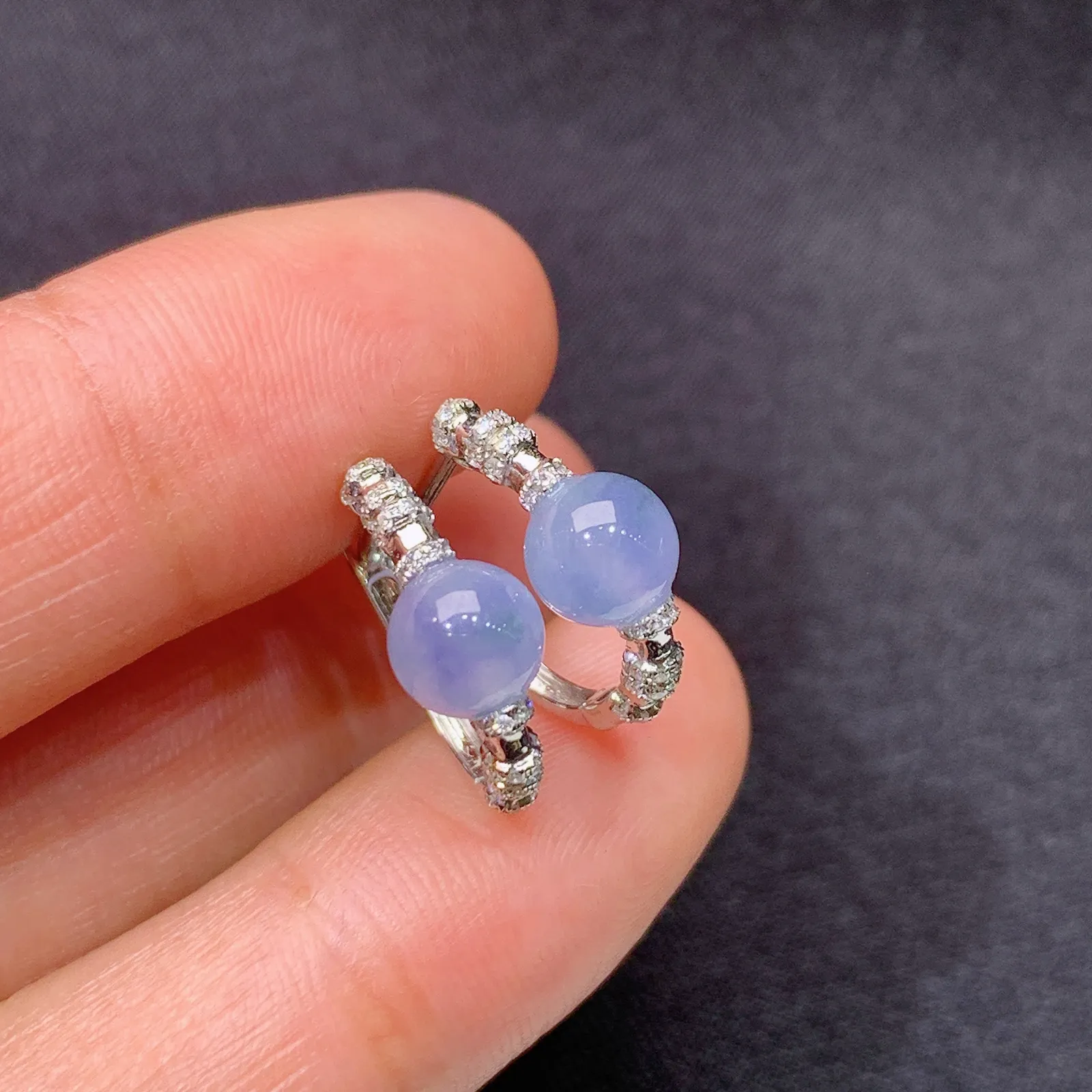 冰紫罗兰圆珠耳扣，18k金镶嵌，简约时尚，冰润鲜艳，种水足，M002 直径5.5