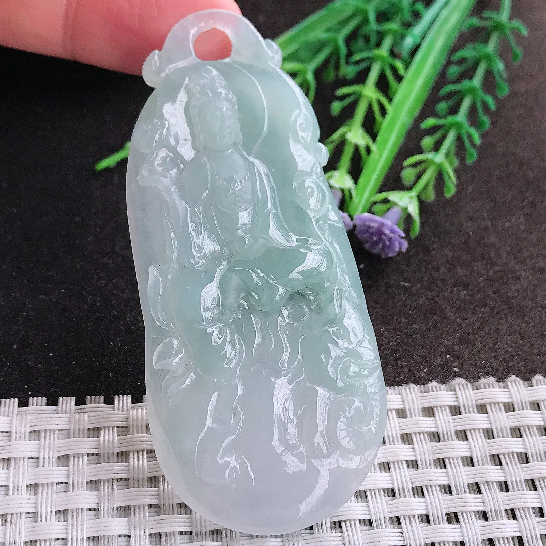 天然A货翡翠73.5/33.3/6.3老坑冰胶水灵普贤菩萨吊坠翡翠挂件