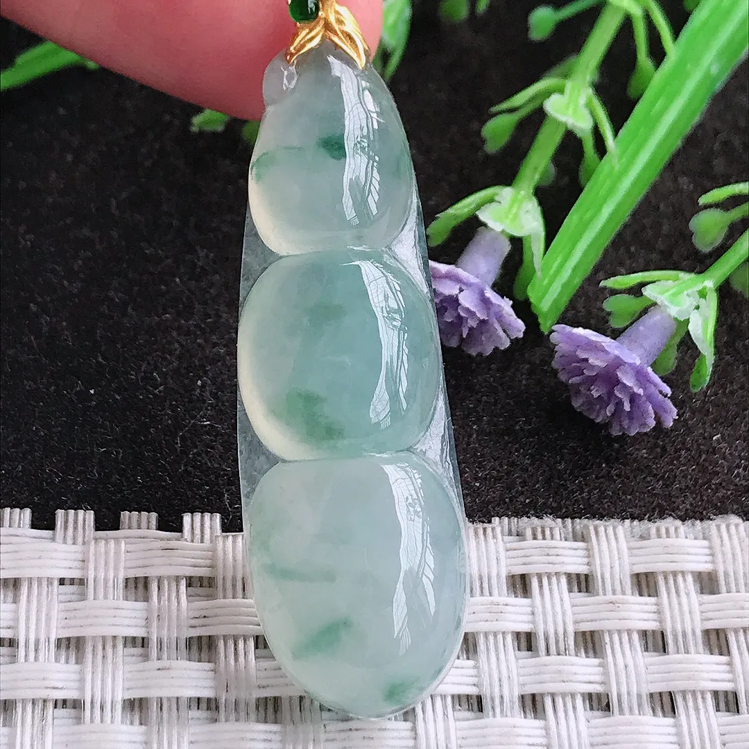 天然A货翡翠43/14/7.1老坑18k金镶嵌冰种果冻胶飘花四季豆吊坠翡翠挂件