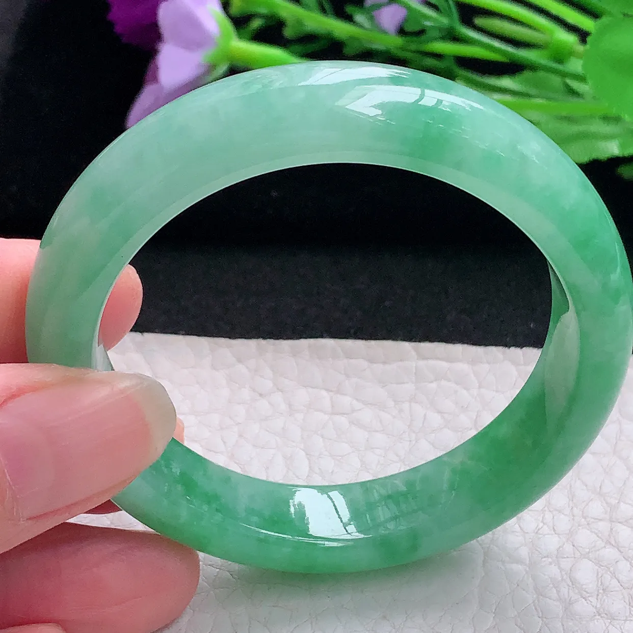 pj自然光53.8*11.8*7.7平安镯 缅甸翡翠A货玉手镯水灵满绿宽边玉手环