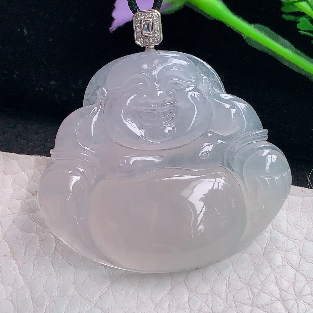 Mz实拍41.5*47.3*6.5缅甸翡翠冰种大佛公吊坠 白月光弥勒佛玉坠镶18k金扣头