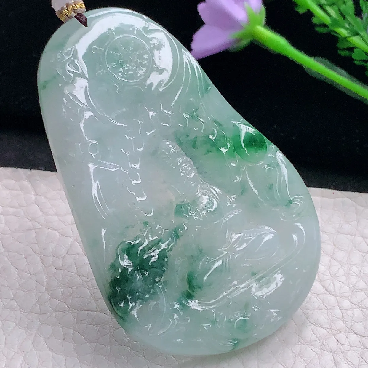 Mz实拍72.5*48*7.3缅甸翡翠冰飘花随形自在观音吊坠 普渡众生项坠