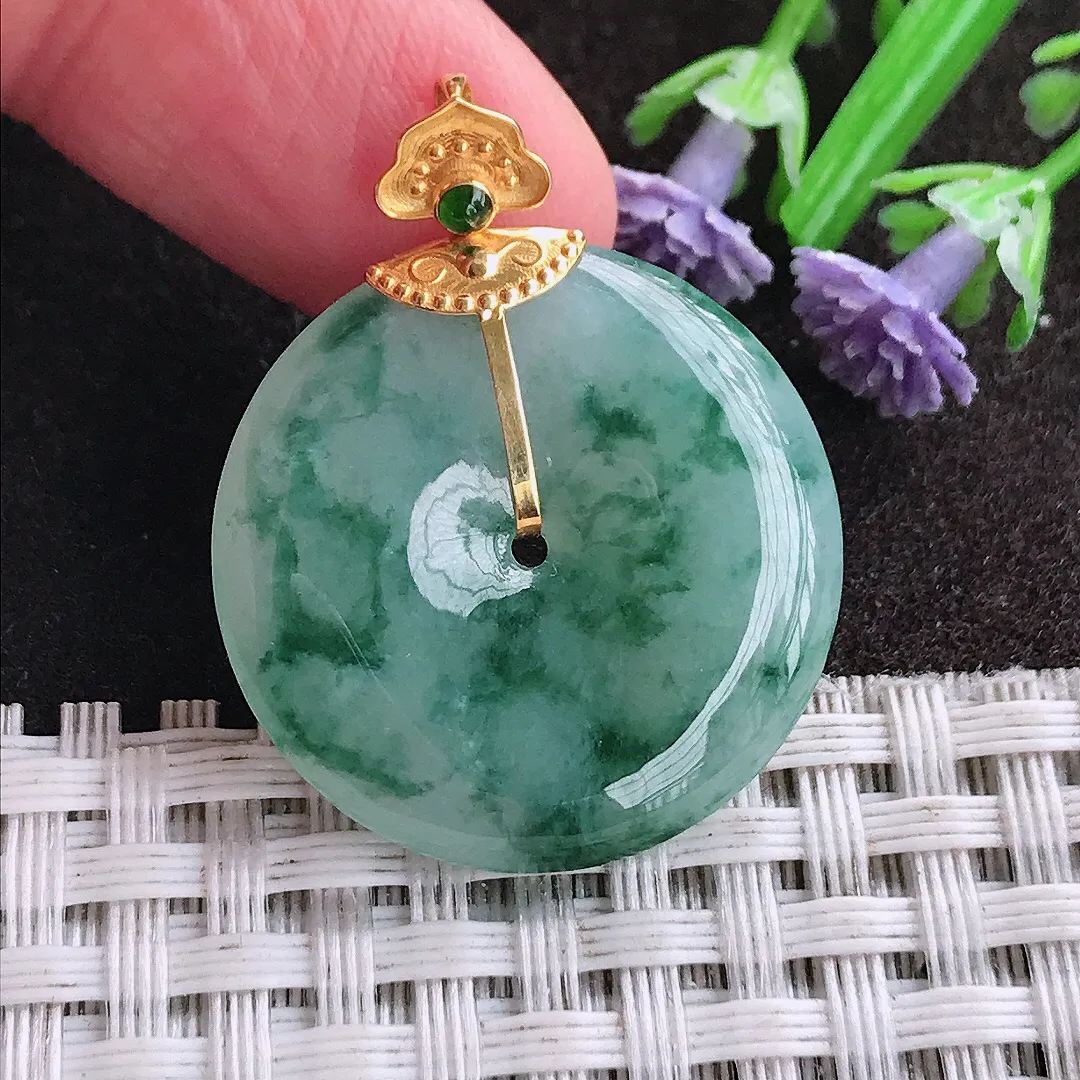 天然A货翡翠26/4.8老坑18k金镶嵌冰润飘花平安扣吊坠翡翠挂件