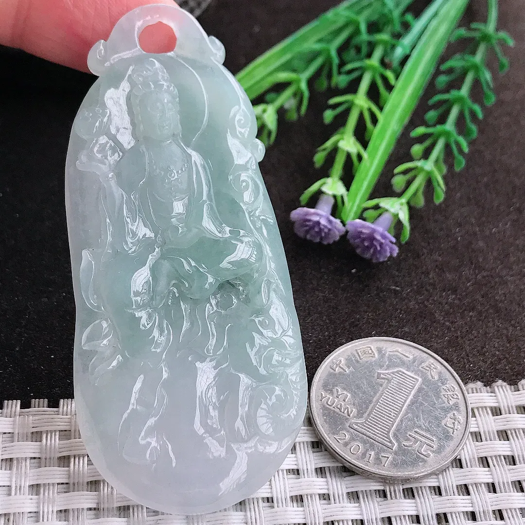 天然A货翡翠73.5/33.3/6.3老坑冰胶水灵普贤菩萨吊坠翡翠挂件
