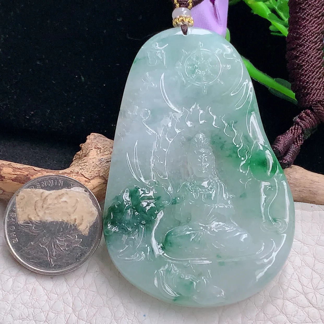 Mz实拍72.5*48*7.3缅甸翡翠冰飘花随形自在观音吊坠 普渡众生项坠