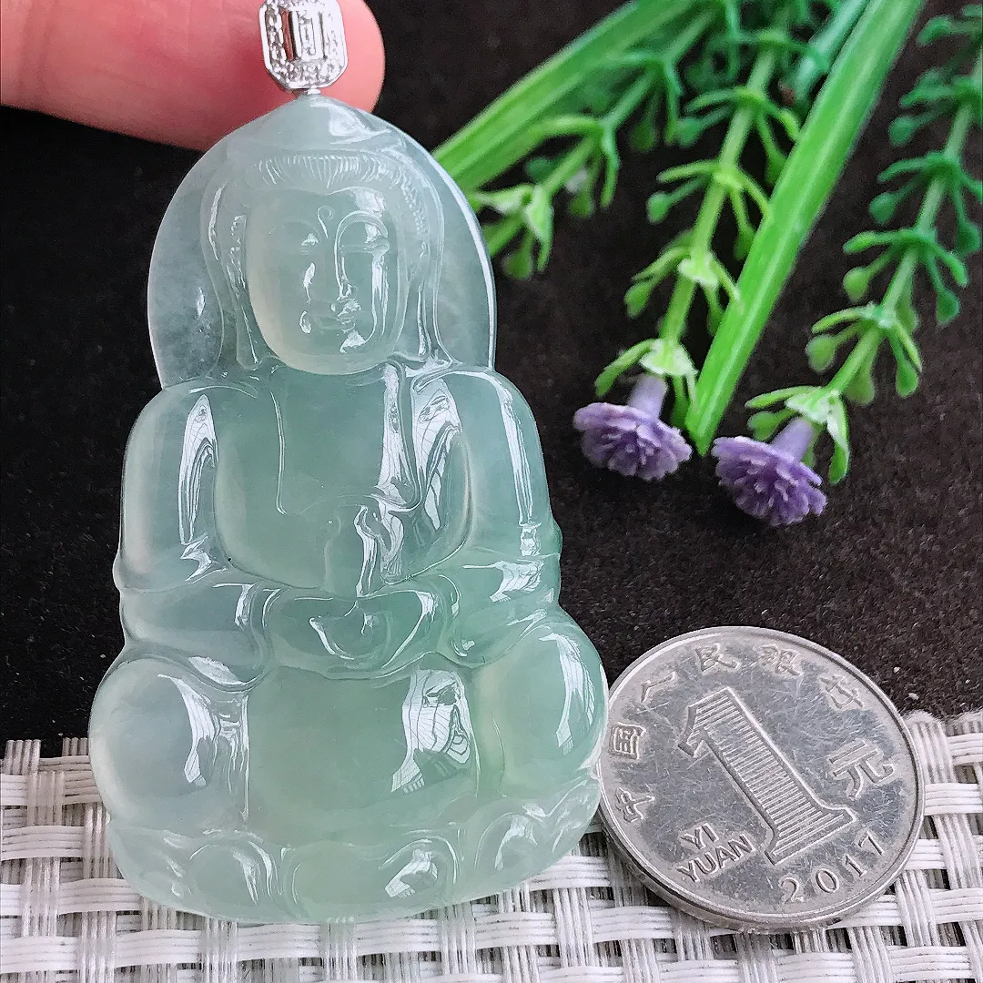 天然A货翡翠57.8/36.6/6老坑18k金镶嵌冰种果冻胶冰晴绿正装观音吊坠翡翠挂件