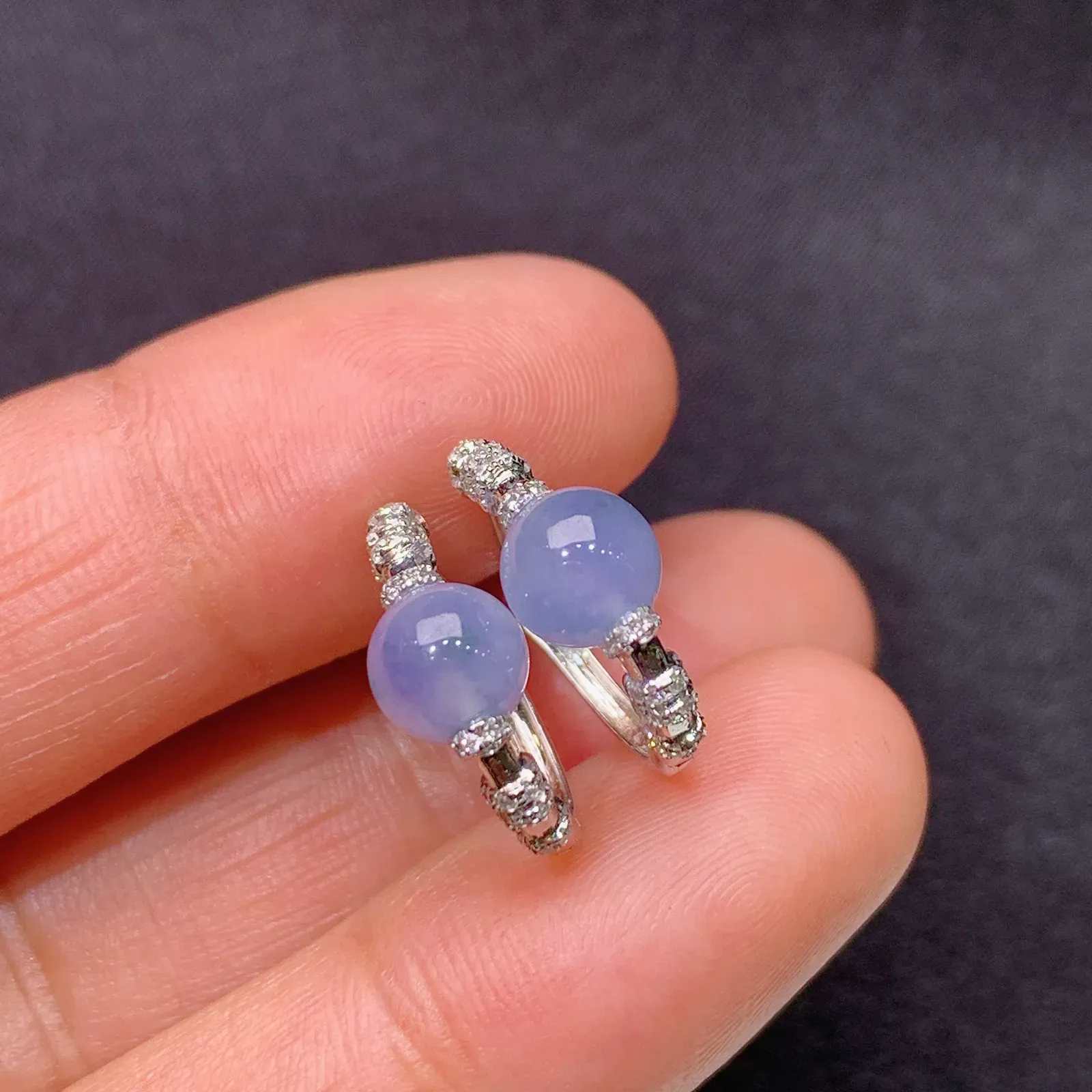 冰紫罗兰圆珠耳扣，18k金镶嵌，简约时尚，冰润鲜艳，种水足，M002 直径5.5