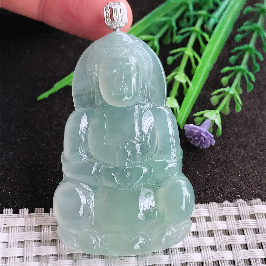 天然A货翡翠57.8/36.6/6老坑18k金镶嵌冰种果冻胶冰晴绿正装观音吊坠翡翠挂件