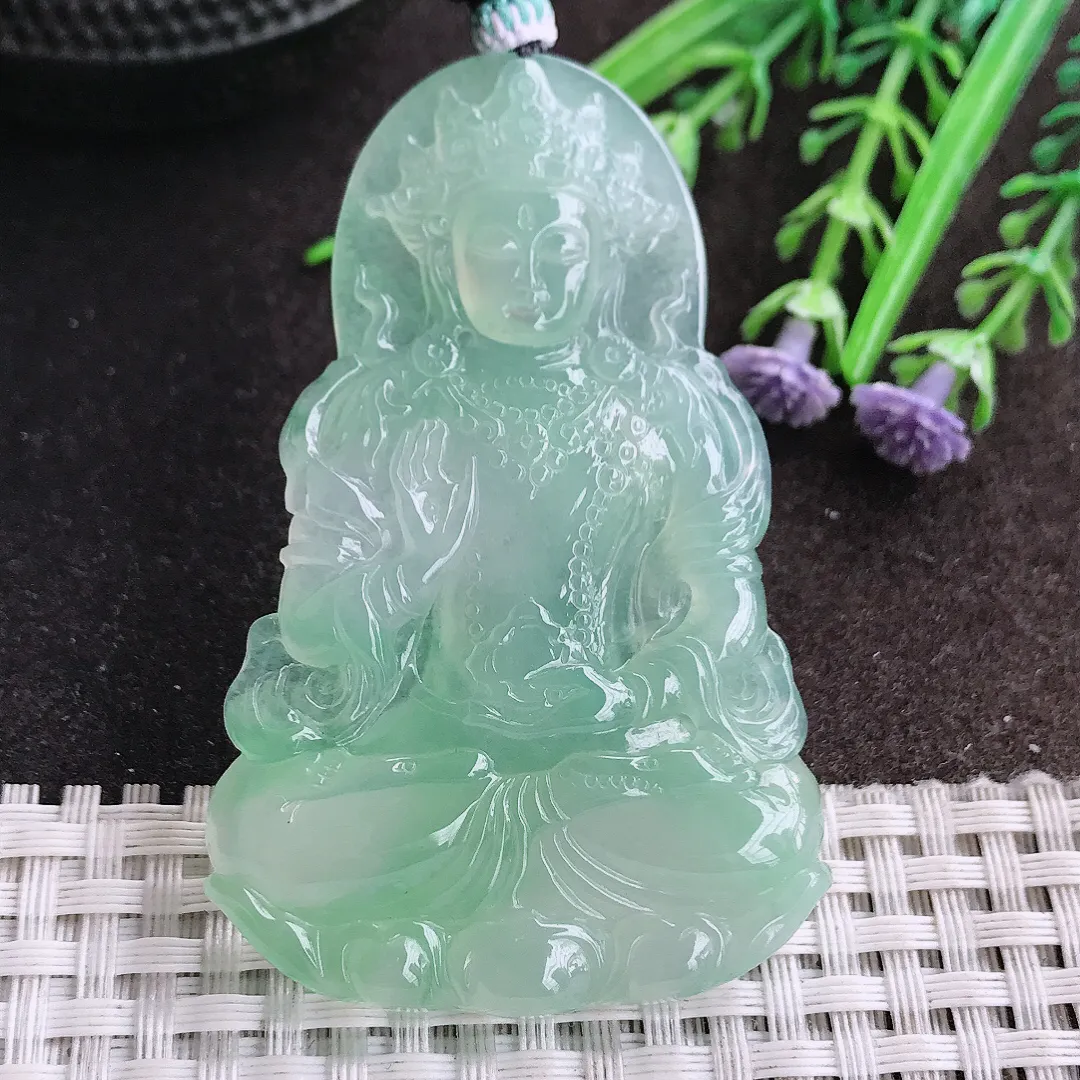 天然A货翡翠64/41.2/5.8老坑冰种果冻胶冰晴甜绿渡母菩萨精美吊坠翡翠挂件