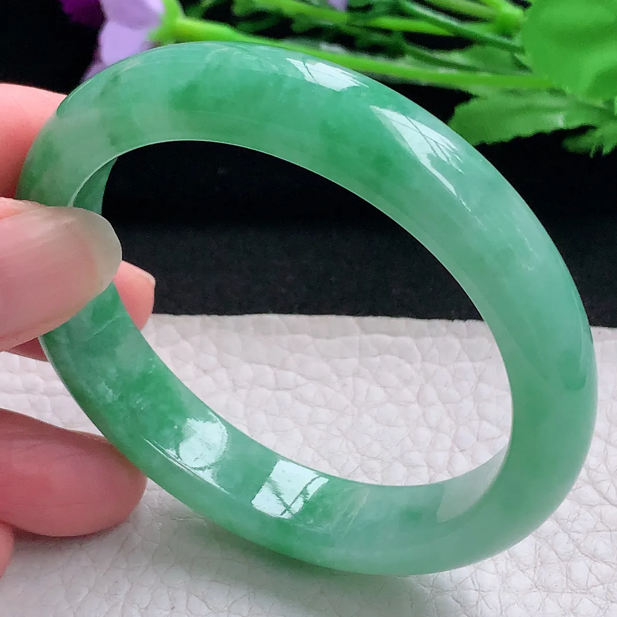pj自然光53.8*11.8*7.7平安镯 缅甸翡翠A货玉手镯水灵满绿宽边玉手环