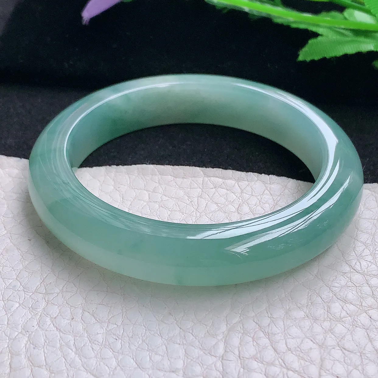 js小圈口53*11.6*9.5平安镯 缅甸翡翠A货玉手镯冰飘花厚装宽边玉手环