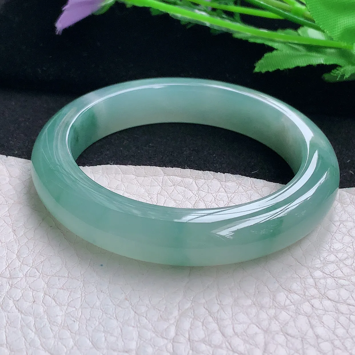 js小圈口53*11.6*9.5平安镯 缅甸翡翠A货玉手镯冰飘花厚装宽边玉手环