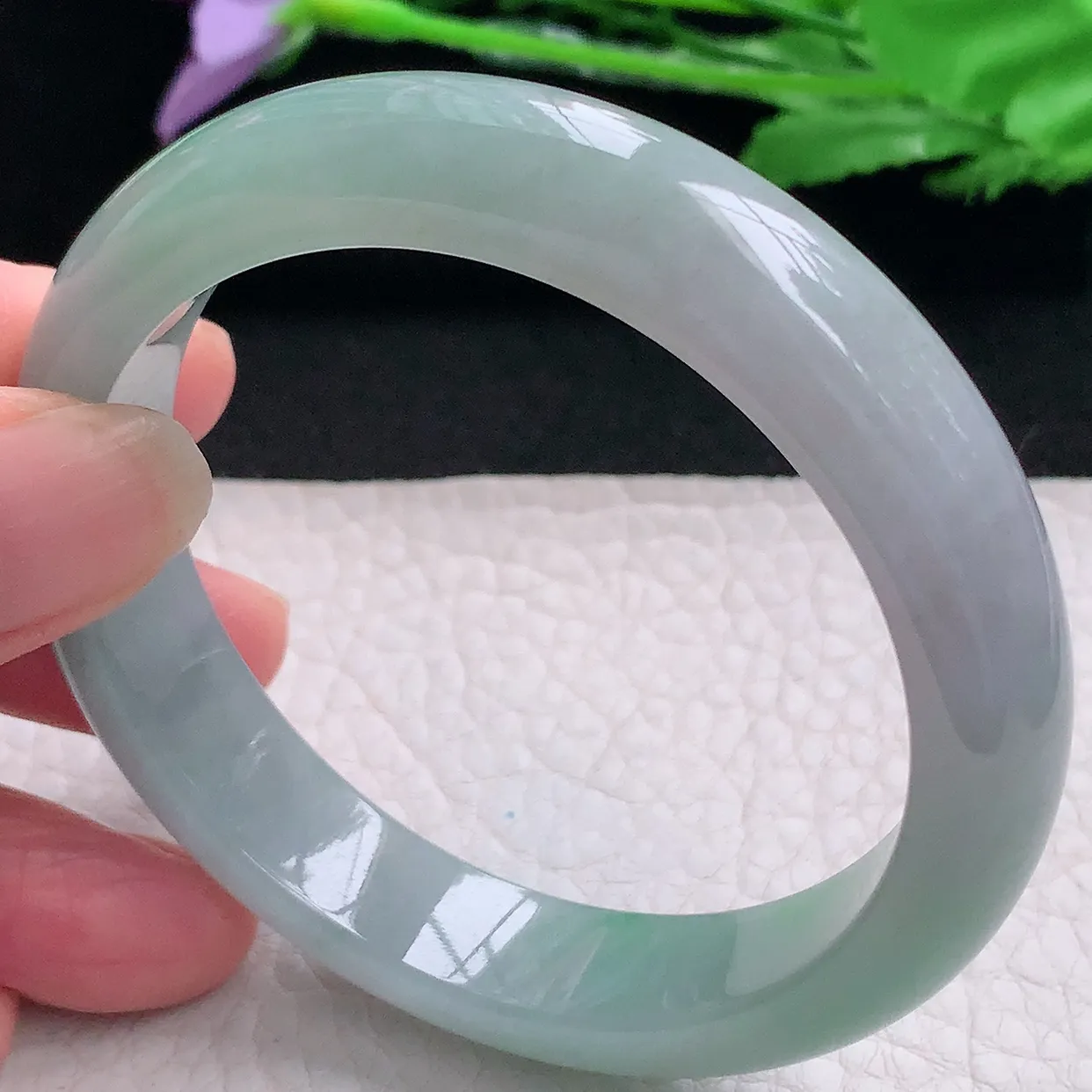 pj自然光55.8*12.3*8平安镯 缅甸翡翠A货玉手镯水灵飘绿宽边玉手环