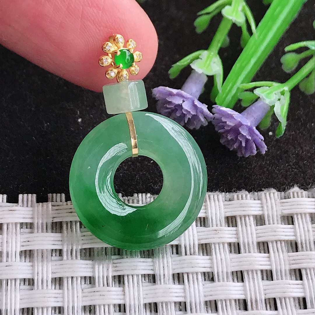 天然A货翡翠19.4/3.9老坑18k金镶嵌冰阳绿平安扣玉环吊坠翡翠挂件