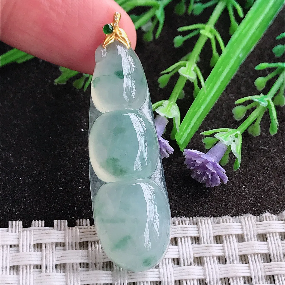 天然A货翡翠43/14/7.1老坑18k金镶嵌冰种果冻胶飘花四季豆吊坠翡翠挂件