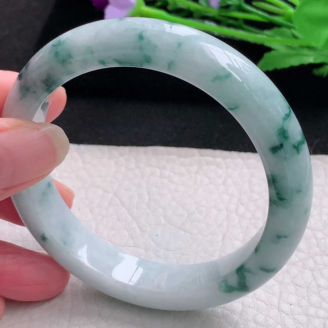 hy自然光57.5*12.3*9平安镯 缅甸翡翠A货玉手镯飘花厚装宽边玉手环