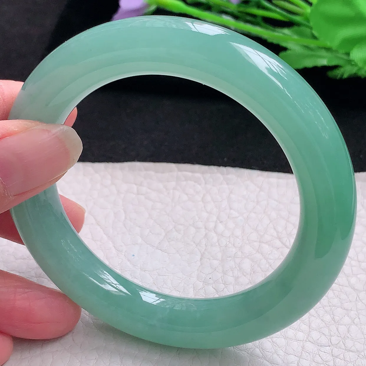 nr收藏款57*11.8胖圆镯 缅甸翡翠A货玉手镯冰胶蓝绿韵圆条玉手环 美人镯