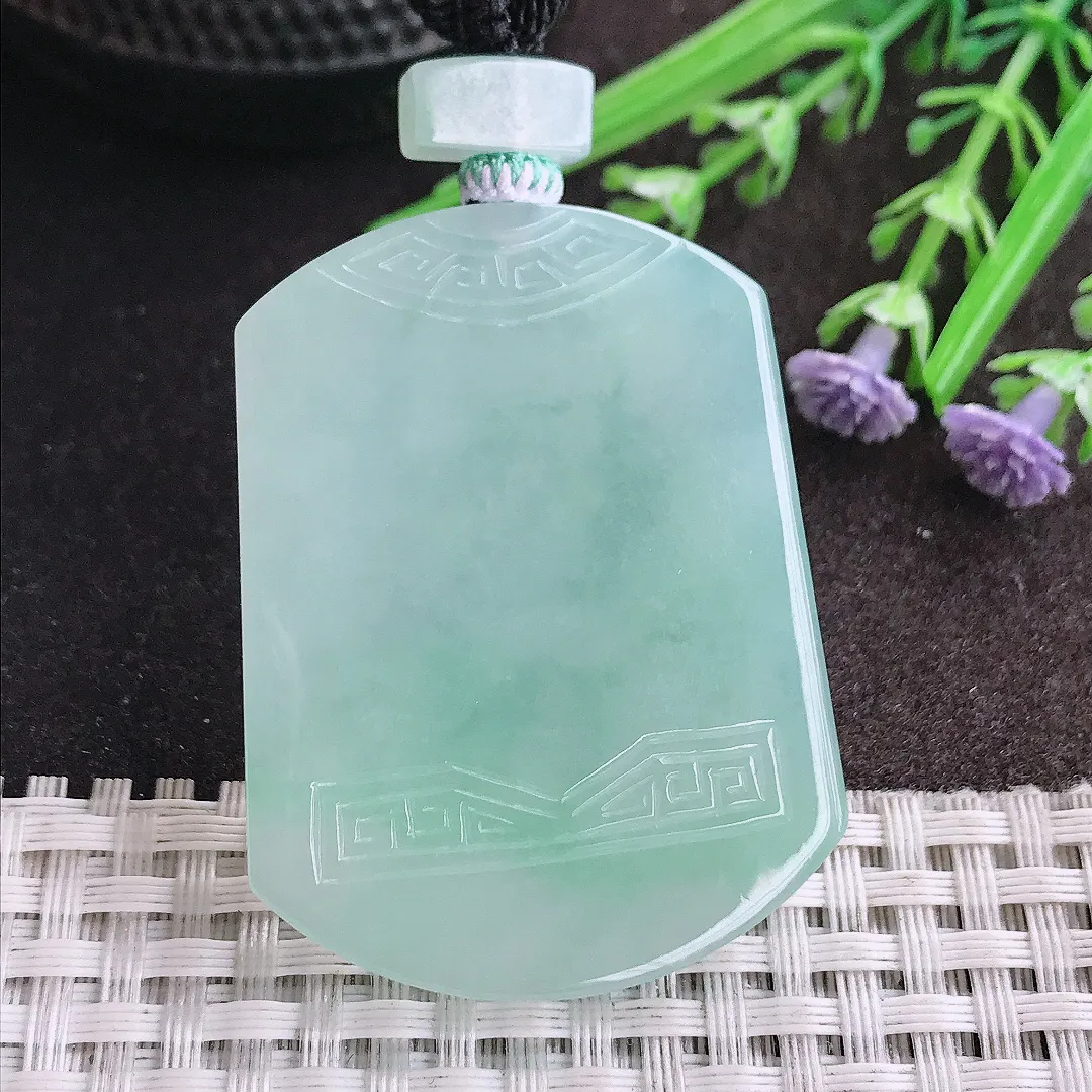 天然A货翡翠48.3/36.7/5.4老坑冰润水灵冰晴仿古无事牌吊坠翡翠挂件