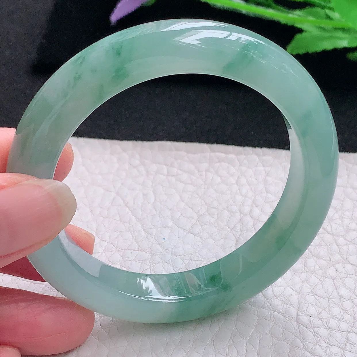 js小圈口53*11.6*9.5平安镯 缅甸翡翠A货玉手镯冰飘花厚装宽边玉手环