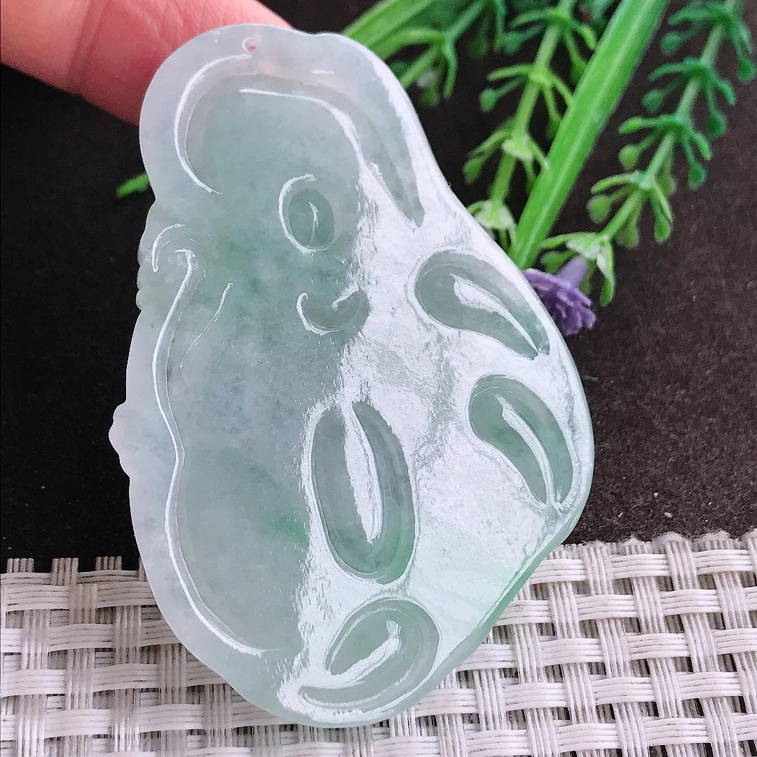 天然A货翡翠65/44.5/6.2老坑冰润起胶冰晴普贤菩萨吊坠翡翠挂件