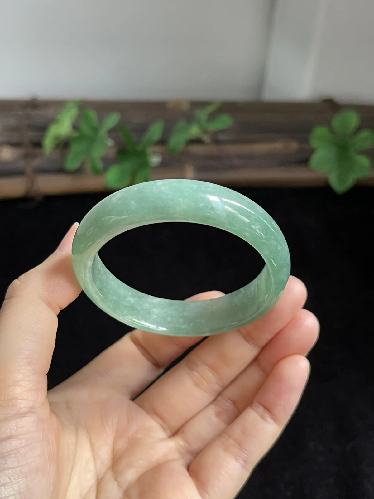贵妃镯52.5圈口，翡翠糯化种淡绿色手镯